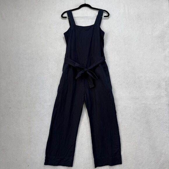 Quince Jumpsuit Womens XS Navy 100% Linen Wide Leg Tie Waist Pockets Square Neck - Picture 1 of 13